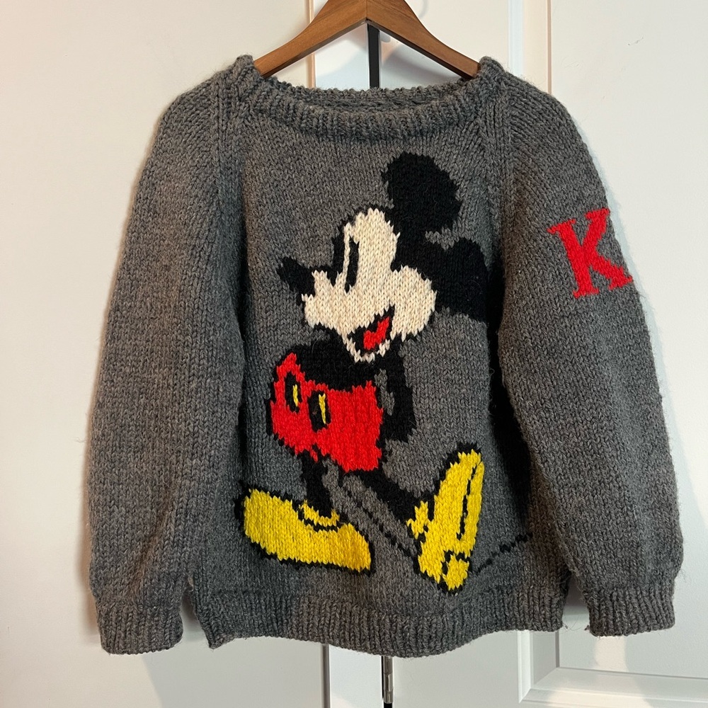 Hand knit Gray Crewneck Sweater with Mickey Mouse Design